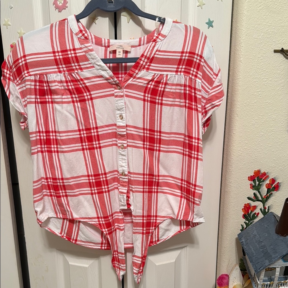 Red and White Plaid Button-Up Blouse